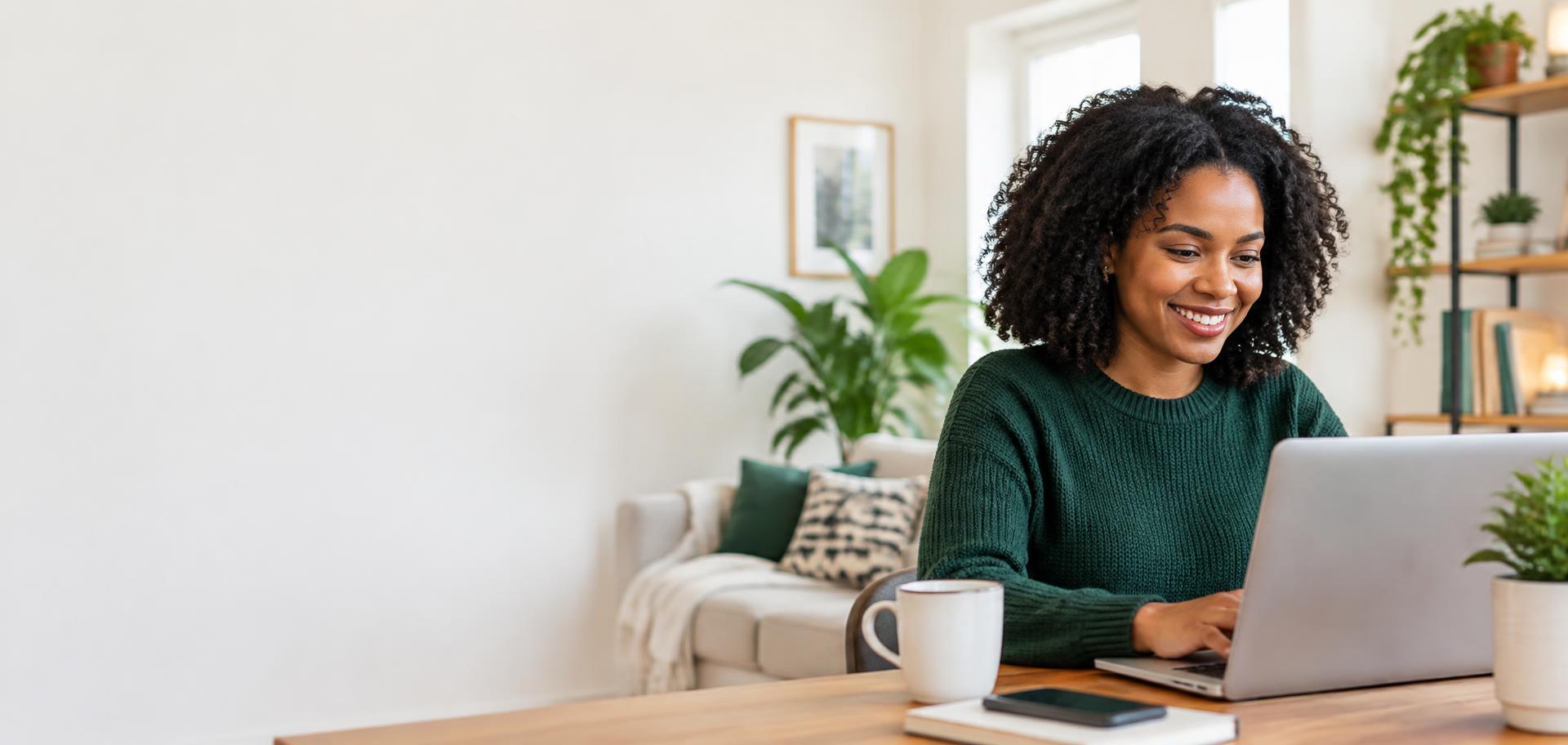 A woman enjoying a connected day at home with her laptop
